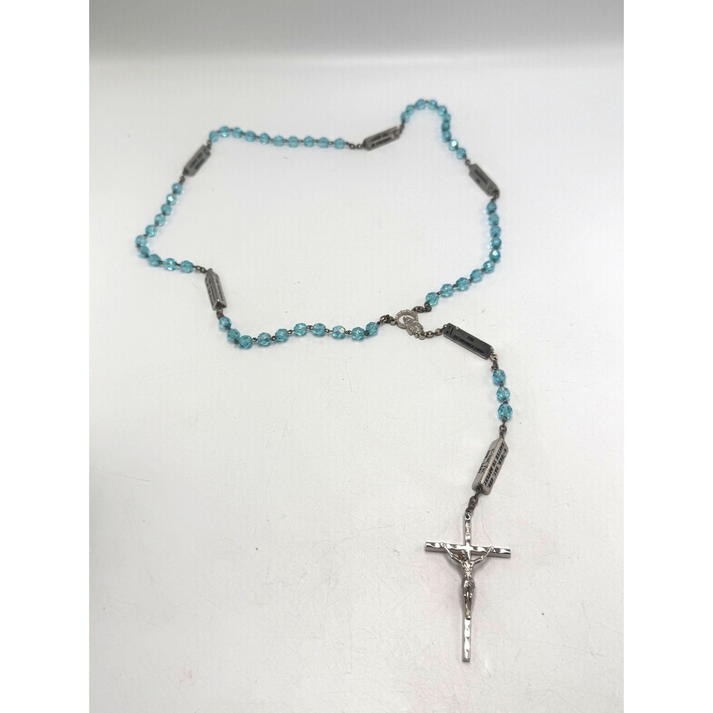 Vintage Italy Blue Glass Bead Rosary Liturgical Calendar Inscribed Crucifix